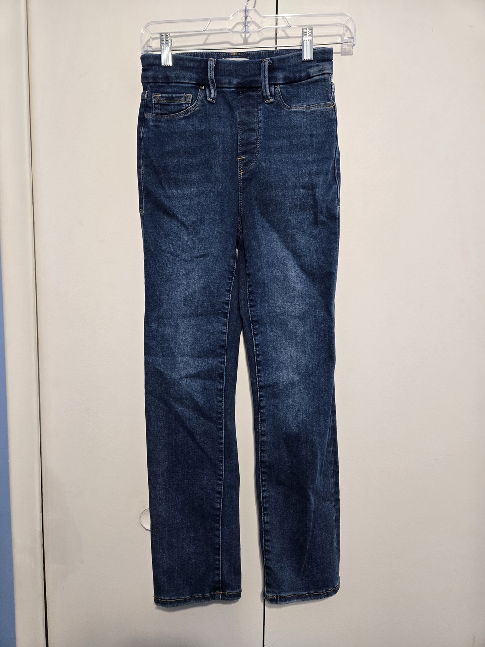 Good American High Rise Straight Jeans Dark Wash Stretch Denim Women’s Size 1‎